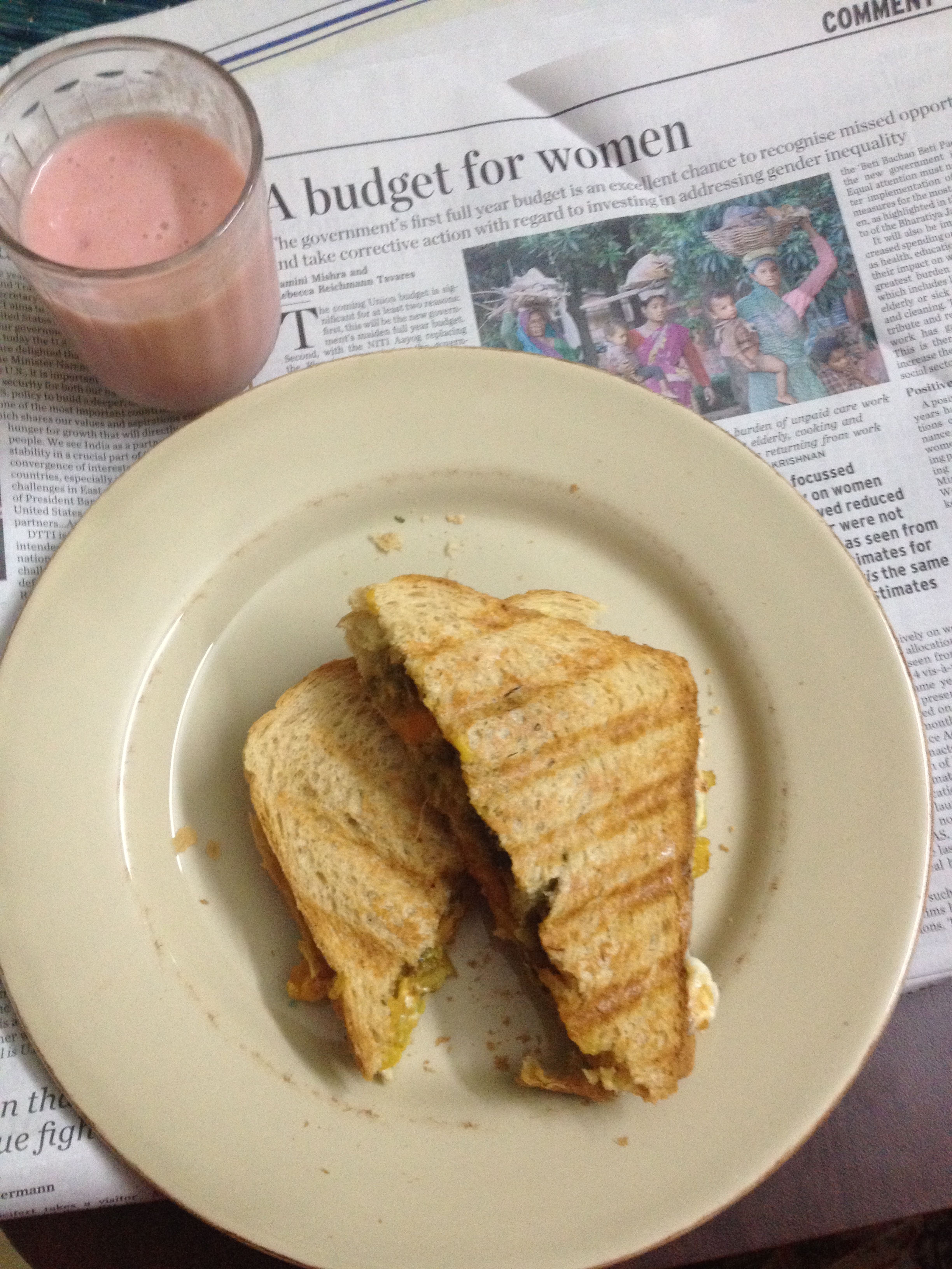 Breakfast - Grilled Veggie Sandwich and Strawberry Smoothie